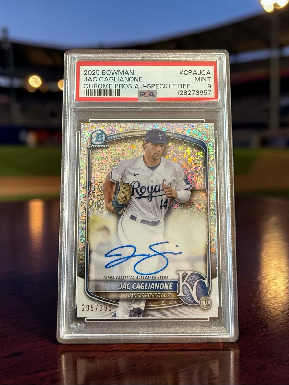 Topps Chrome Pros Jac Caglianone Autograph Card - White, Blue, Silver Holo